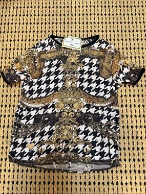Philipp Plein kids 4  Black White Houndstooth Tee with Gold Baroque Print